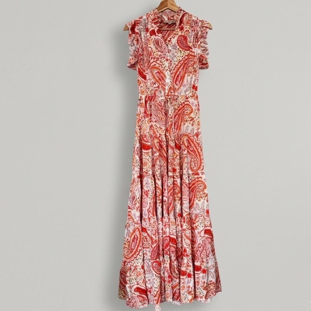 Pinch Women Red Pink Paisley Tiered Maxi Dress Ruffle Flutter Sleeve Small